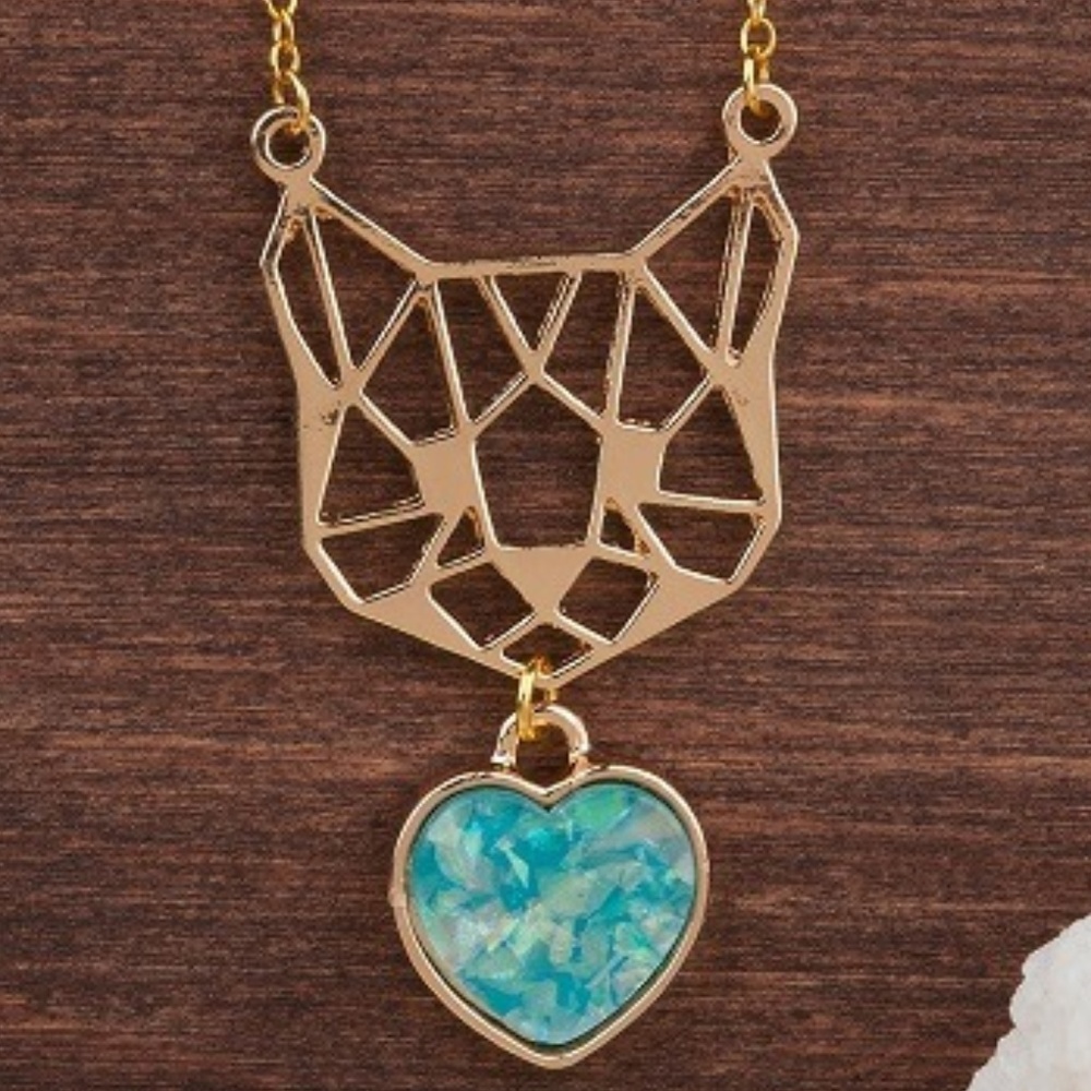 Luxury Gold Plated Mint Green Heart Cat Necklace - Picture 4 of 6